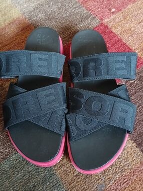Sorel Womans Black Slide Sandals with Pink Soles